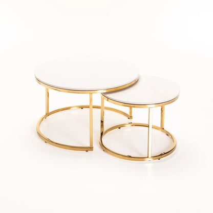 Flata 70/50cm Round Coffee Table Gold White Marble Top