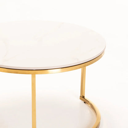 Flata 70/50cm Round Coffee Table Gold White Marble Top