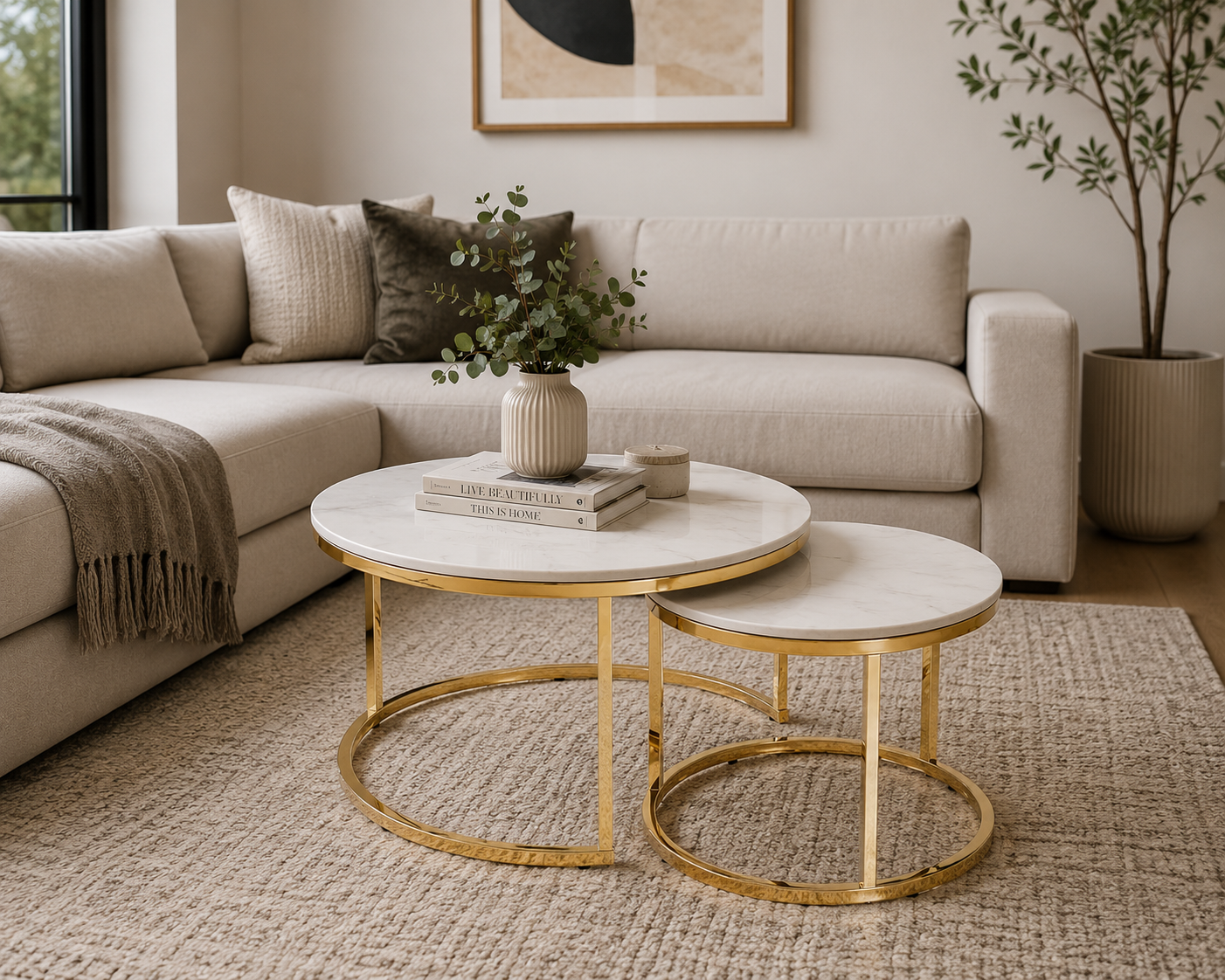 Flata 70/50cm Round Coffee Table Gold White Marble Top